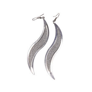 Silver Tone Dangle Drop Wire Hook Glittered Metal Earrings 3.25 Inches